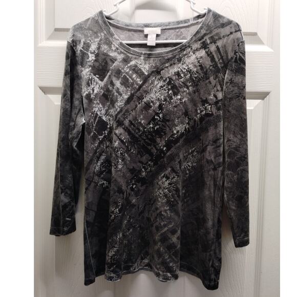 Chico's Size Medium (1) Velvet Gray Silver Abstract Geometric 3/4 Sleeves Top - Picture 1 of 3